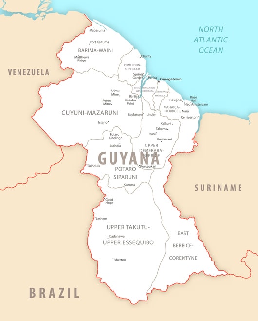 Guyana detailed map with regions and cities of the country. Map of Guyana in white bordered by Venezuela, Suriname and Brazil.